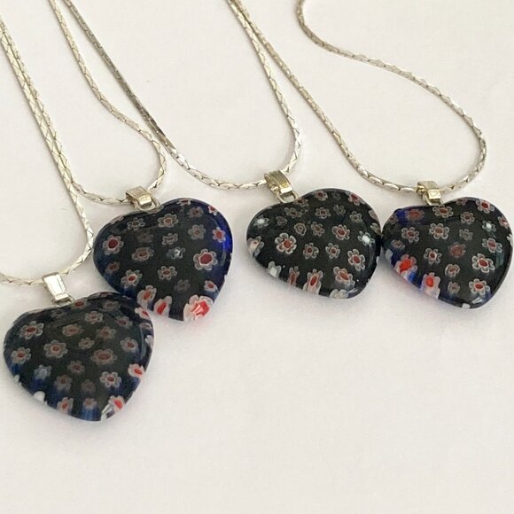Blue Murano Glass Heart Necklace Millefiori Flowers Vintage Silver Plated 18" - Picture 7 of 10